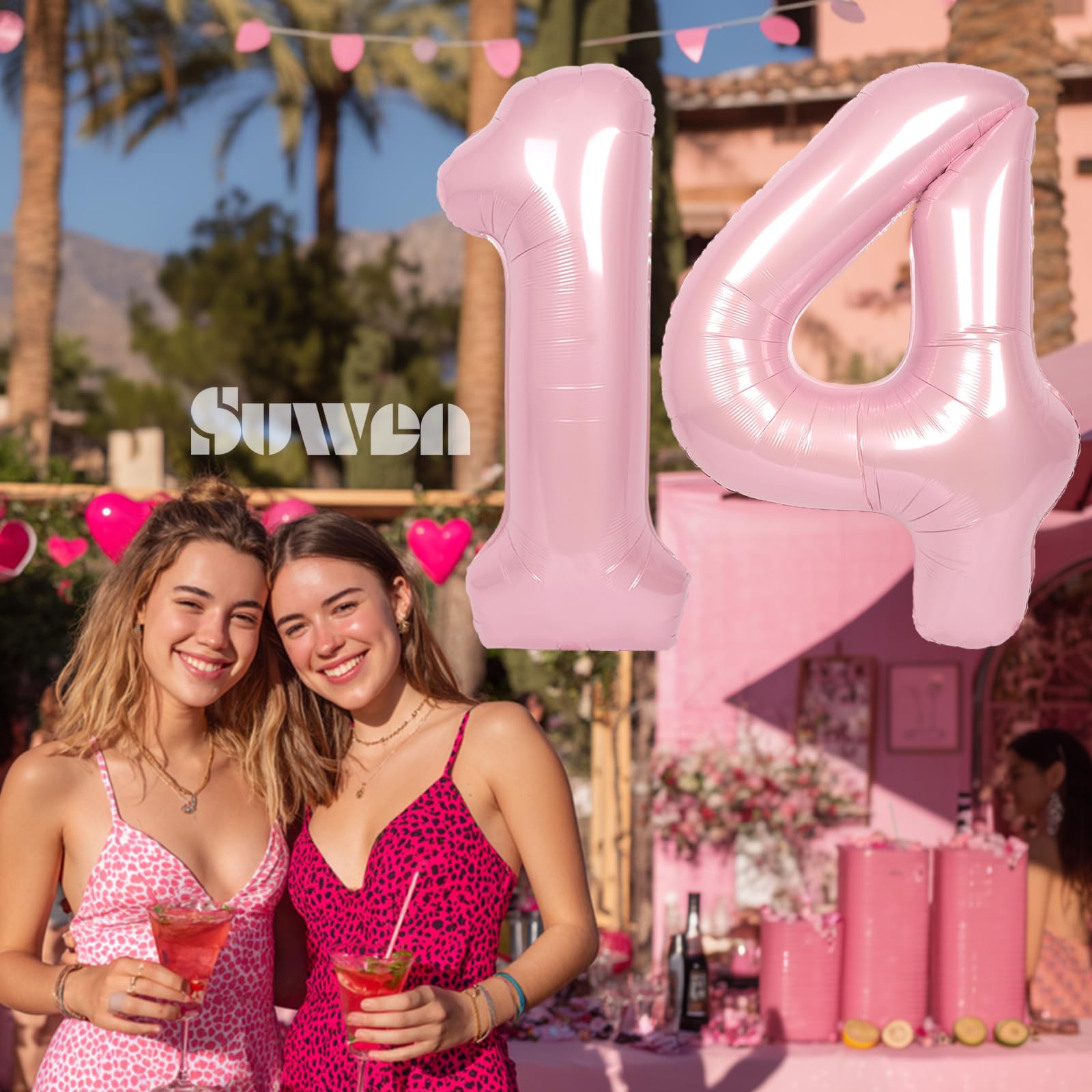 Amazon | SUWEN 40インチ ピンク 大型 14個 風船 数字 大きなホイル