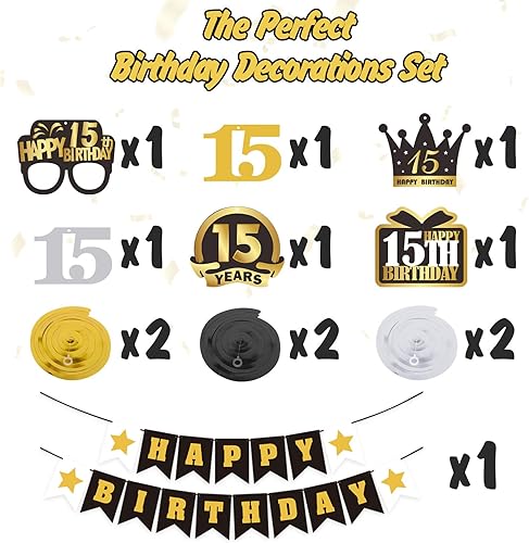 Miniatura 585 de LINGTEER Happy 65th Birthday Decorations Set - 12Pcs Black & Gold Swirls Streamer,Happy Birthday Bunting Banner,Cheers to 65 Years Old Bday Party