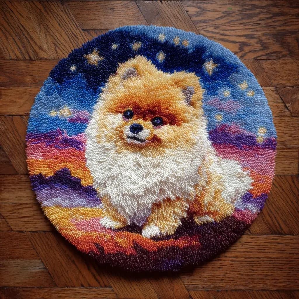 Round Latch Hook Rug Kits Pomeranian For Adults And Starter 50*50Cm