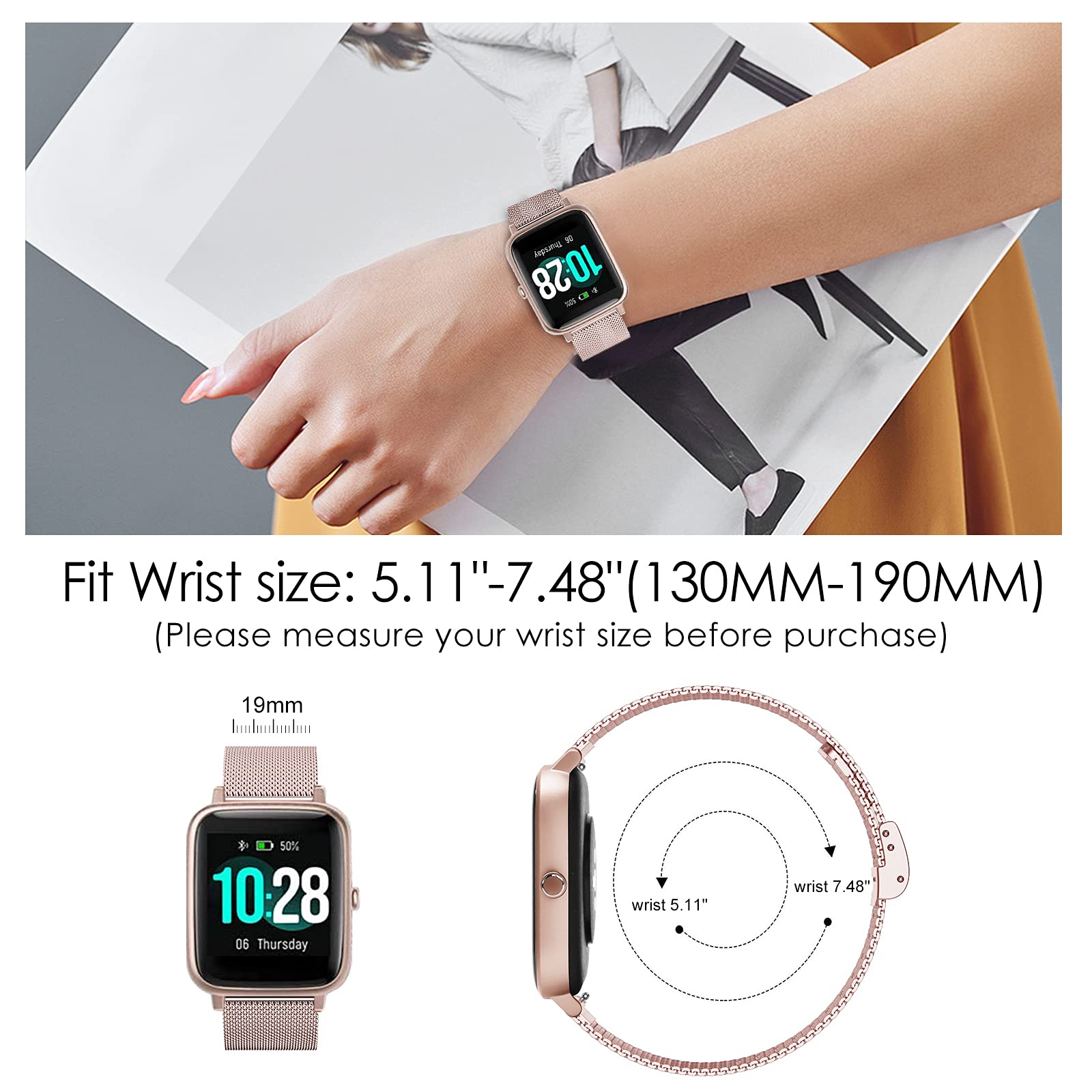 Songsier Metal Band Compatible with SW021, Classic Quick Release Stainless Steel Watch Band 19mm ID205L ID205S ID205G ID215G ID216 WF025 SW023 Uwatch3 Ufit GT Smartwatch