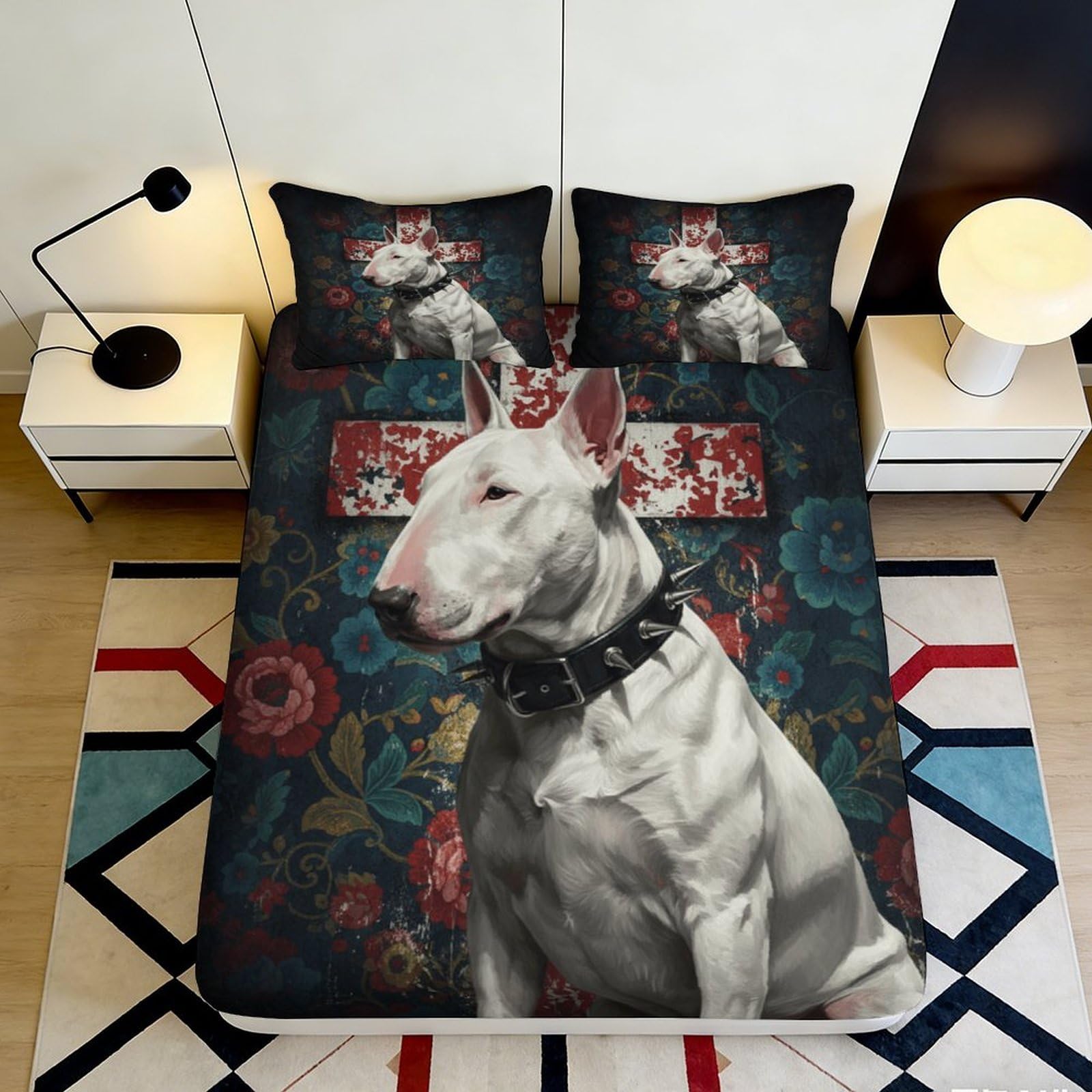 3D Printed Bull Terrier Floral Fitted Sheet Microfiber Deep Pocket Bedroom Bedding Bull Terrier Mattress Fitted Cover for Adults 90x200x25cm