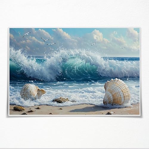 Miniatura 1 de Big Waves Hit The Beach Shells Poster Retro Printing Decor Painting Wall Art Aesthetic Living Room Kitchen Home Decoration Background