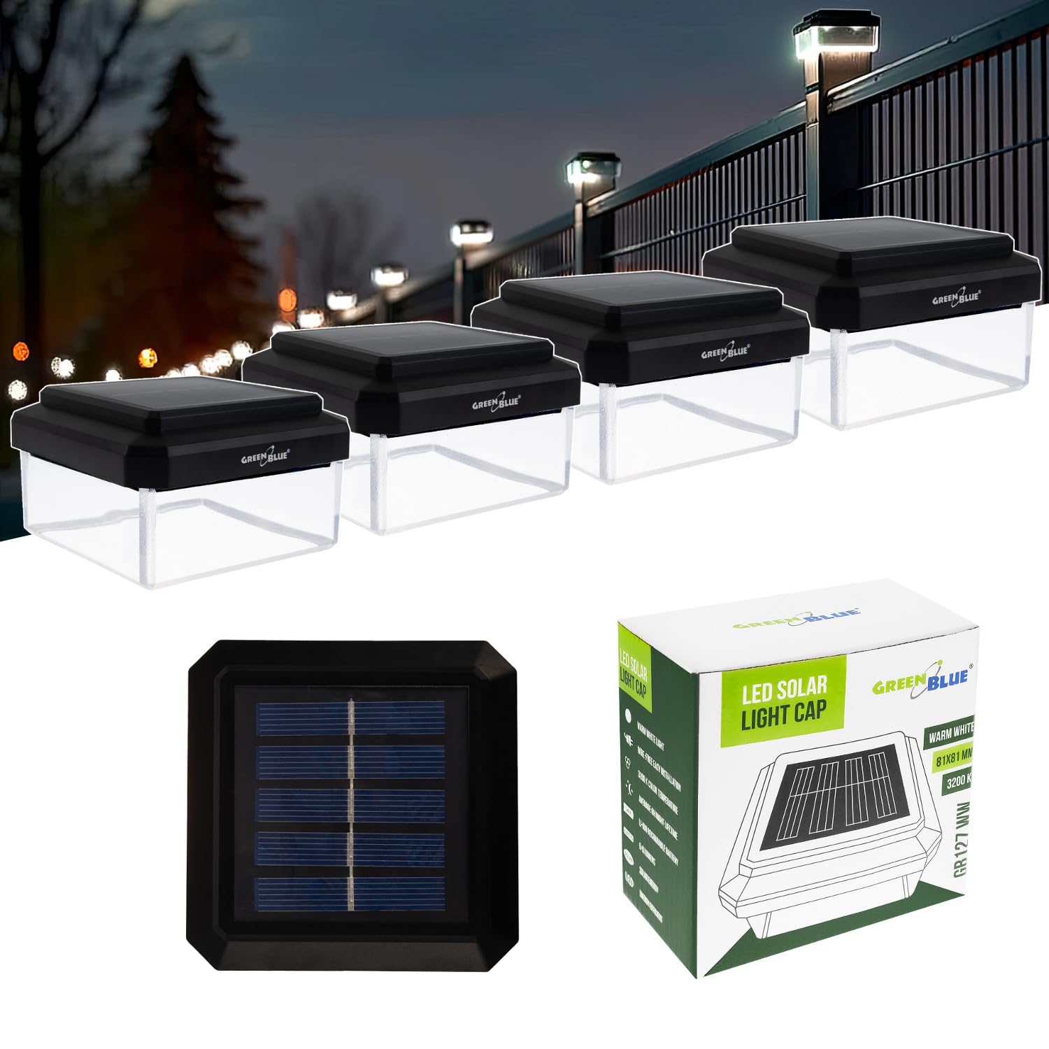 Green Blue lampa solarna LED na słupki z czujnikiem zmierzchu, ciepła biel 3200 K, dach kopułowy, montaż bezprzewodowy, nie wymaga certyfikatu efektywności energetycznej (4)