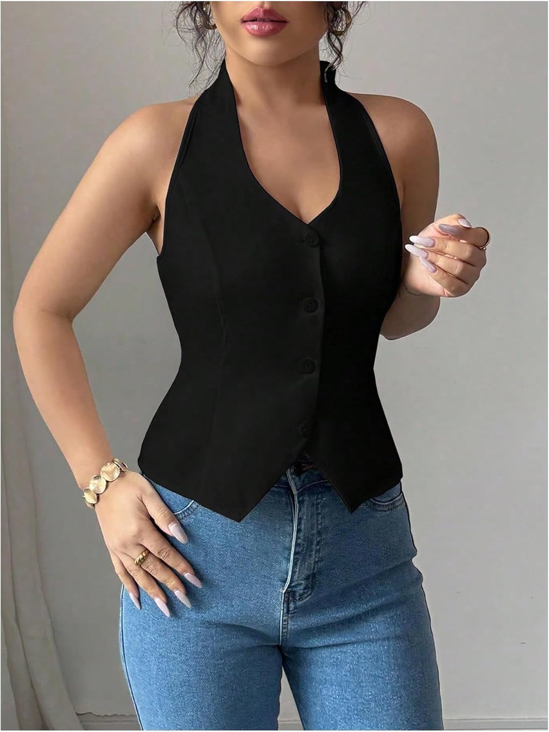 Floerns Women's Casual Sleeveless Halter Tops Button Down Night Out Vest Camisole - Image 4