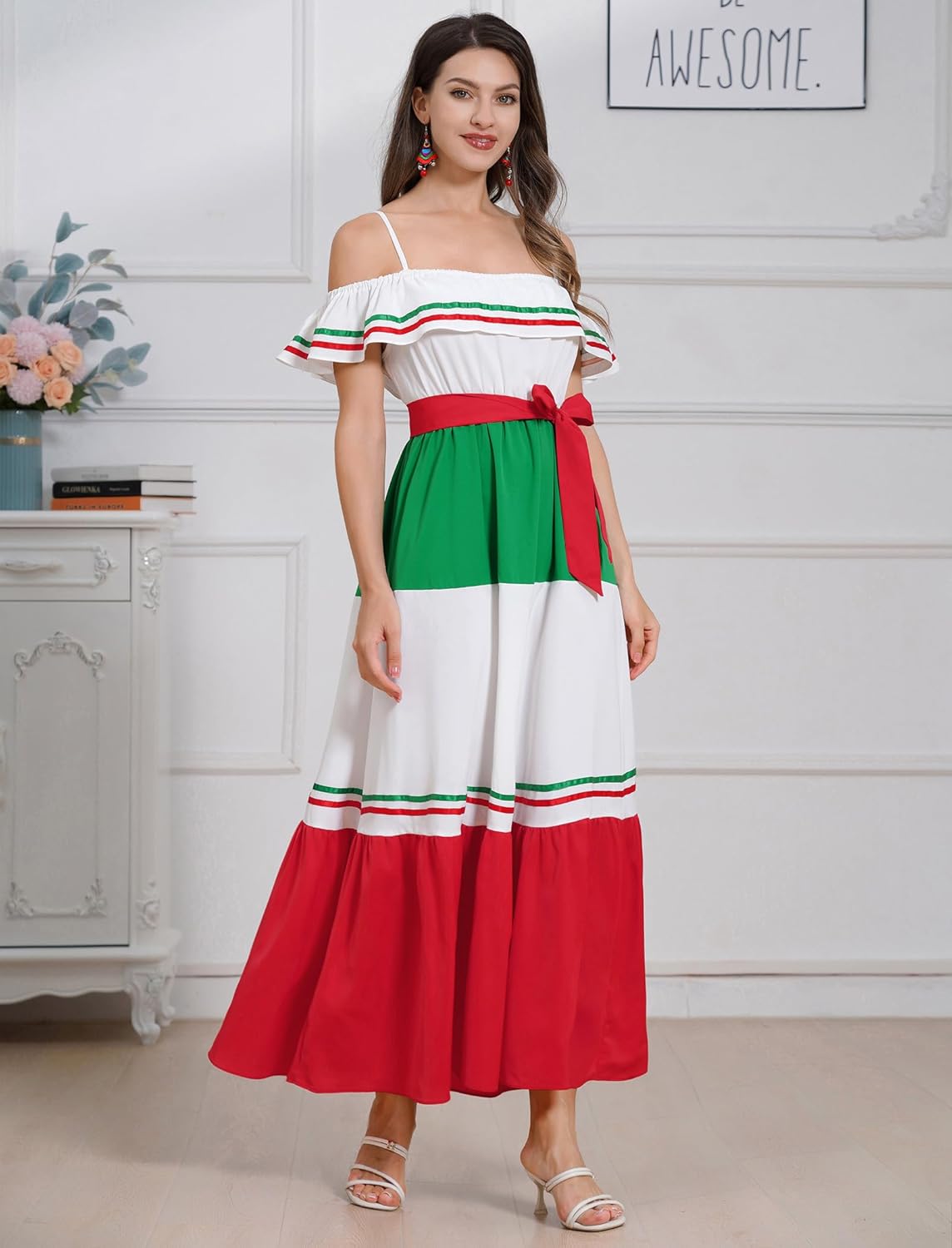 Mexican Dress for Women Mexican Traditional Folk Off-Shoulder Belted Ruffle Dress Cinco de Mayo Fiesta Costume