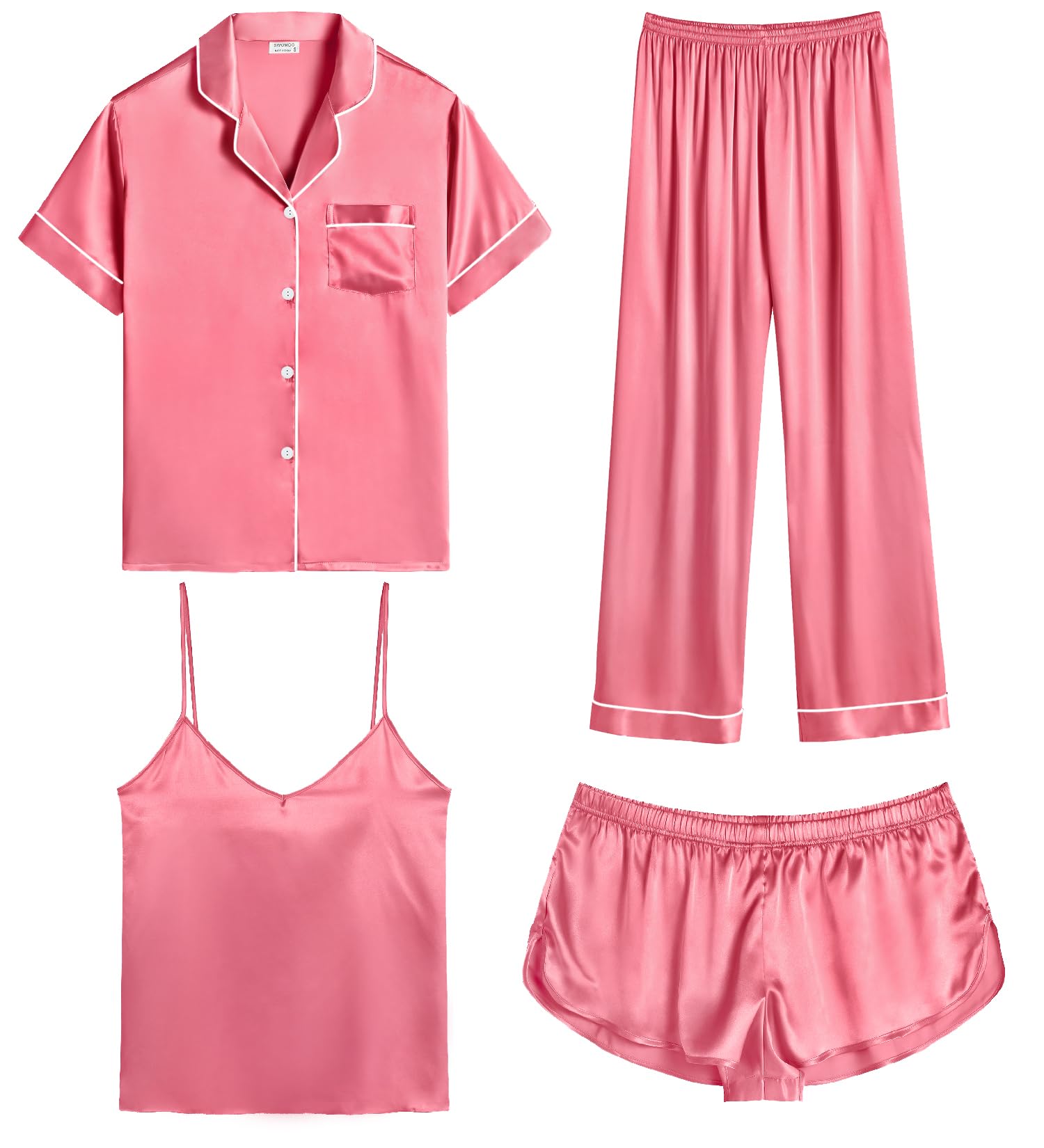 SWOMOG Womens Silk Satin Pajamas Sets 4pcs Sleepwear Sexy Cami Shorts Set and Button Down Short Sleeve Pjs Loungewear Coral Red Large