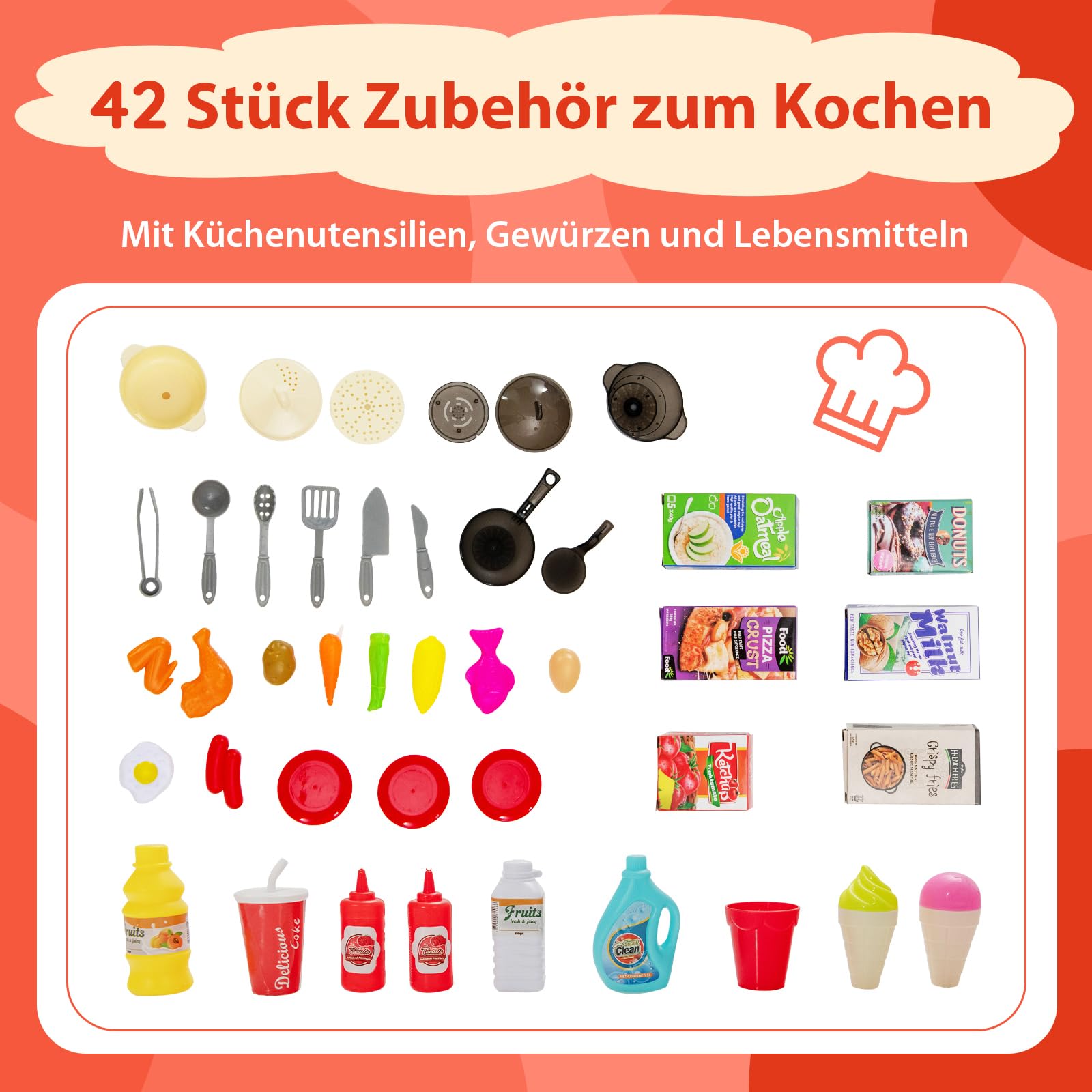DREAMADE Kinderküche mit 42 TLG. Zubehör, Kinderspielküche mit Licht und Sound, Dampf, Wasser, Spüle, Wasserhahn, Herd, Backofen, Spielzeugküche, Spielküche für Kinder ab 3 Jahren (Orange)