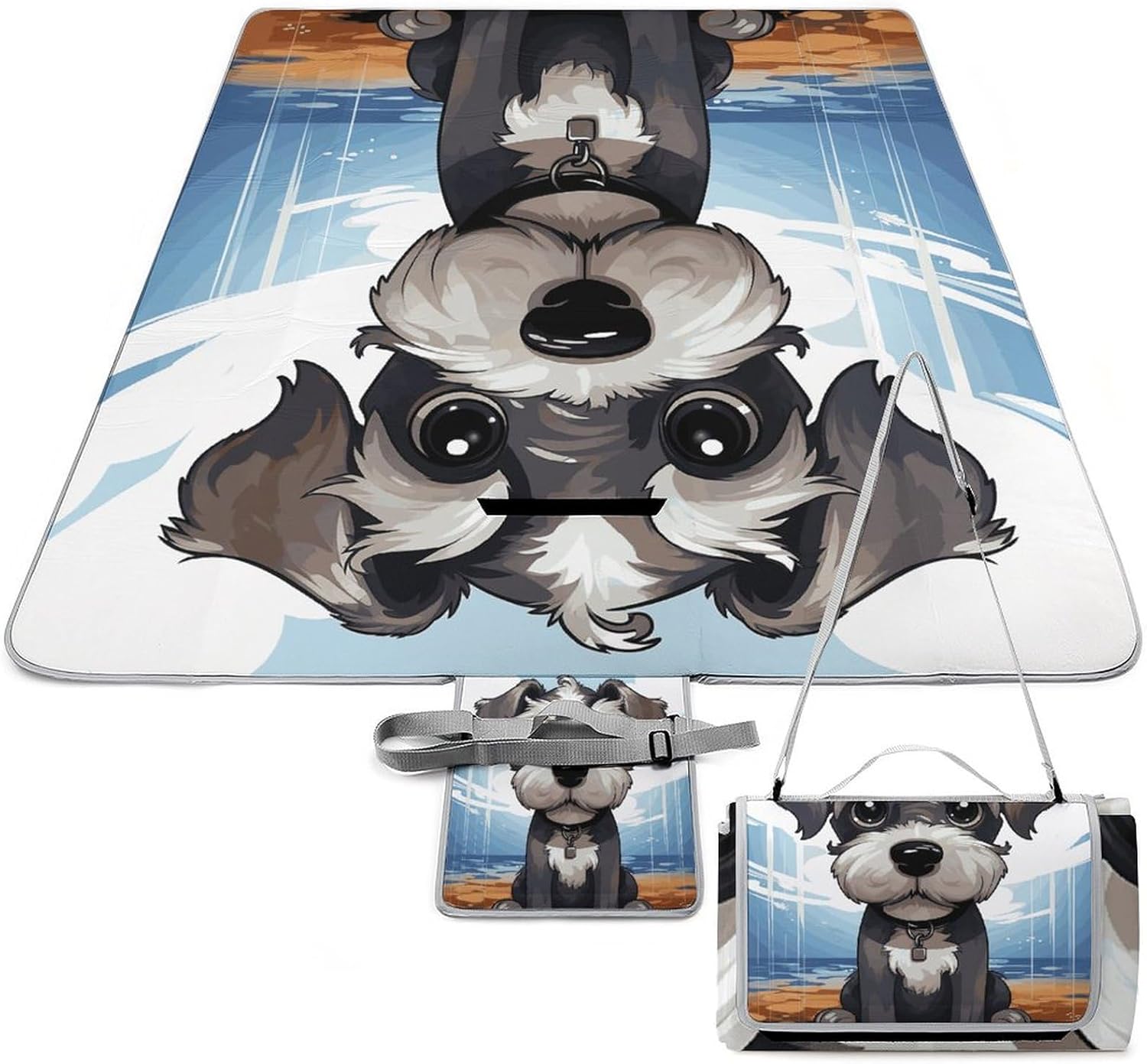 Adorable Schnauzer Waterproof Picnic Blanket 58.3''x58.3'',Portable and Foldable Picnic Mat with Handle,Outdoor Blankets for Lawn Park Beach Travel