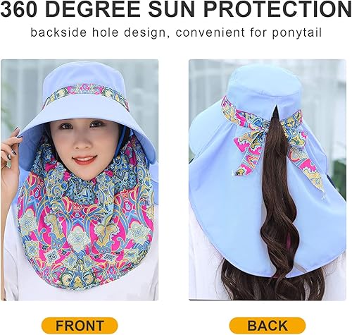 Vista 10 de Women Wide Brim Face Mask Sun Hat Detachable Neck Face Flap Ponytail UV Protection Visor Hat Garden Fishing Hiking