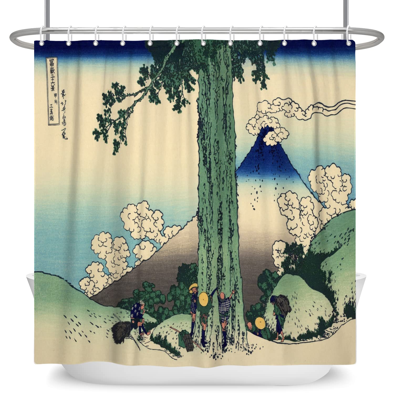 SDOTPMT 69x75inch Mount Fuji Scenery Shower Curtain Japanese Ukiyo-e Farmer Hug Tree Bath Curtain Orient Traditional Ethnic Anime Art Shower Curtain for Bathroom Polyester with Hooks