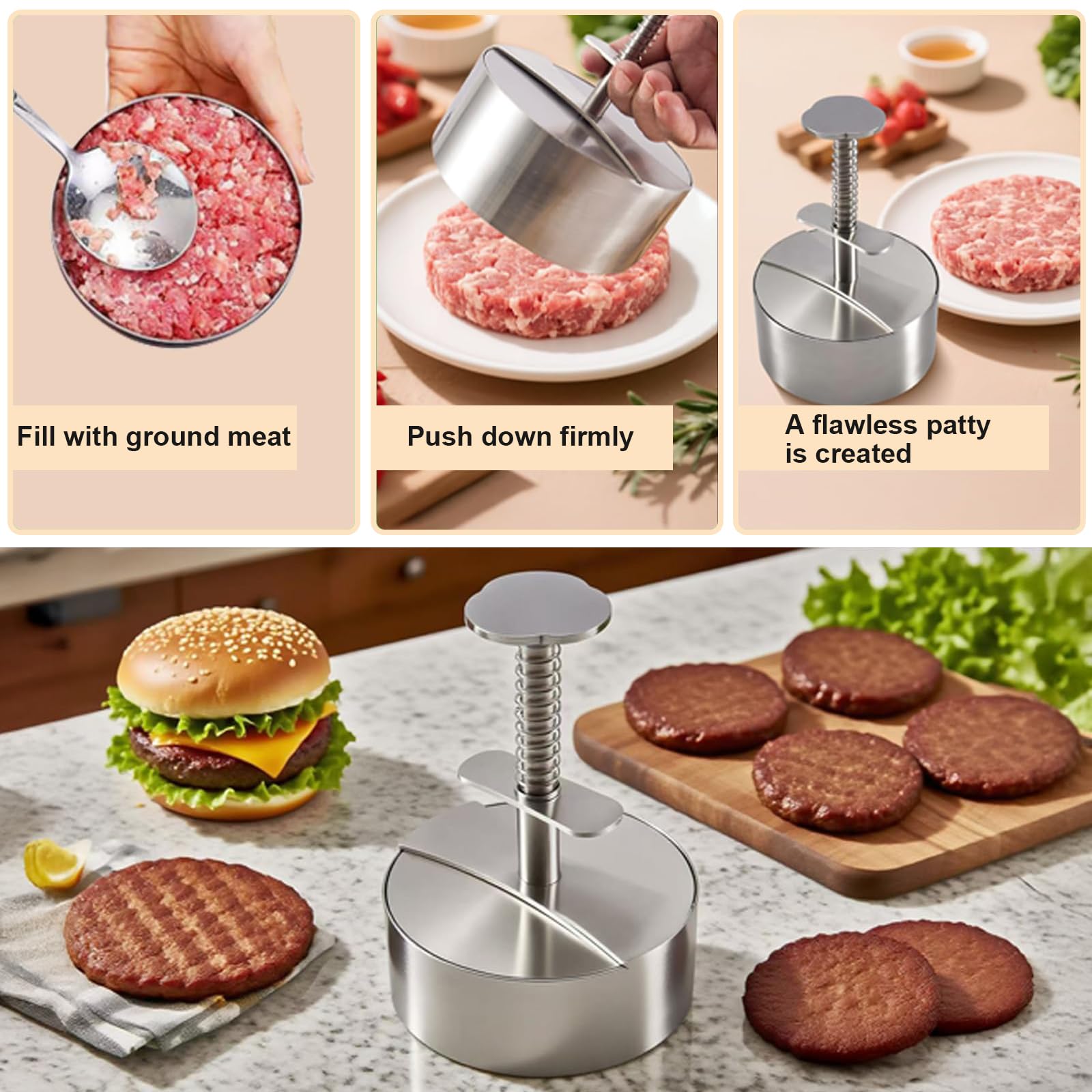 Presse à Steaks Hachés & Moule à Smash Burger en Acier Inoxydable, Qualité Alimentaire 304, Presse Réglable et Anti-Adhésive, Aussi en Mini-Poêle pour Cuisine, Camping et BBQ