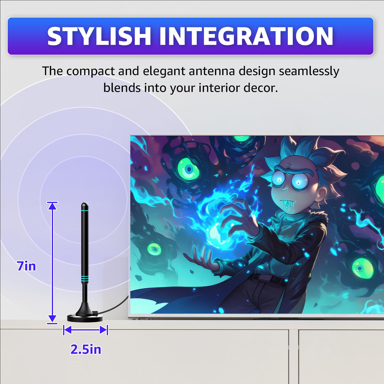 Antenne TV intérieure avec base magnétique, antenne TV pour Smart TV, antenne TV numérique intérieure compatible avec tous les téléviseurs, réception à 360°, prend en charge 4K 1080p HD, câble coaxial