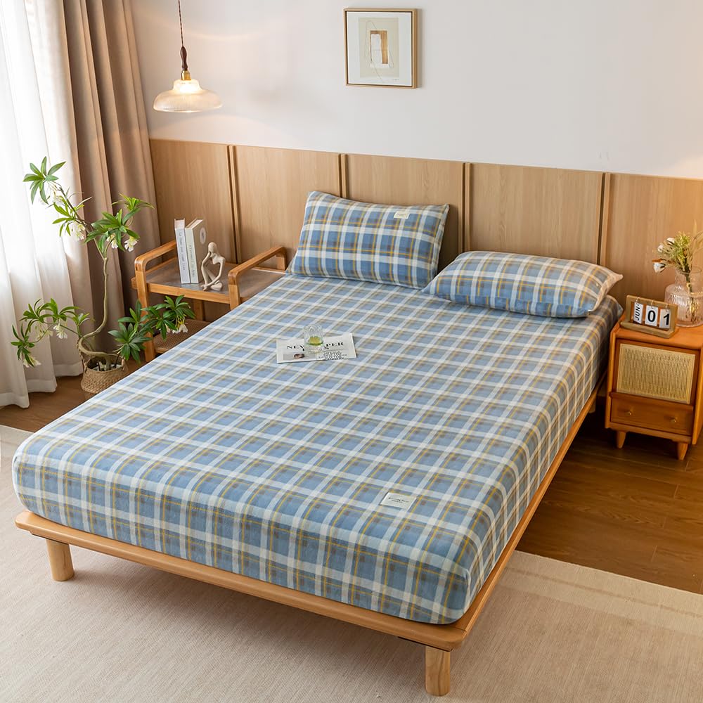 ZIQINPSQ Milk Velvet Fitted Sheet,Fleece Plush Bed Sheet Mattress Protector Cover with 15'' Deep Pocket Warm Fuzzy Bottom Sheet,no Pillowcase. (Light Blue Check, King)