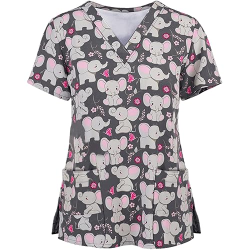 HXHYQKP Womens Scrub Tops Stretchy Nurse Scrubs Work Uniform Plus Size Nursing Scrubs with Pockets Happy New Year 2025