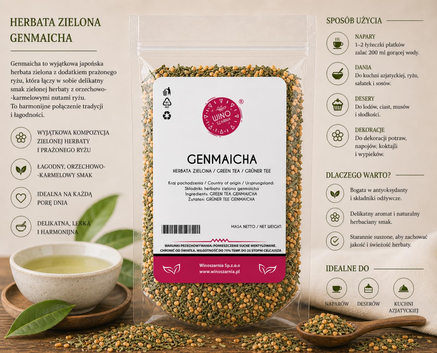 Herbata zielona Genmaicha z Prażonym Ryżem 500g Prażony Ryż