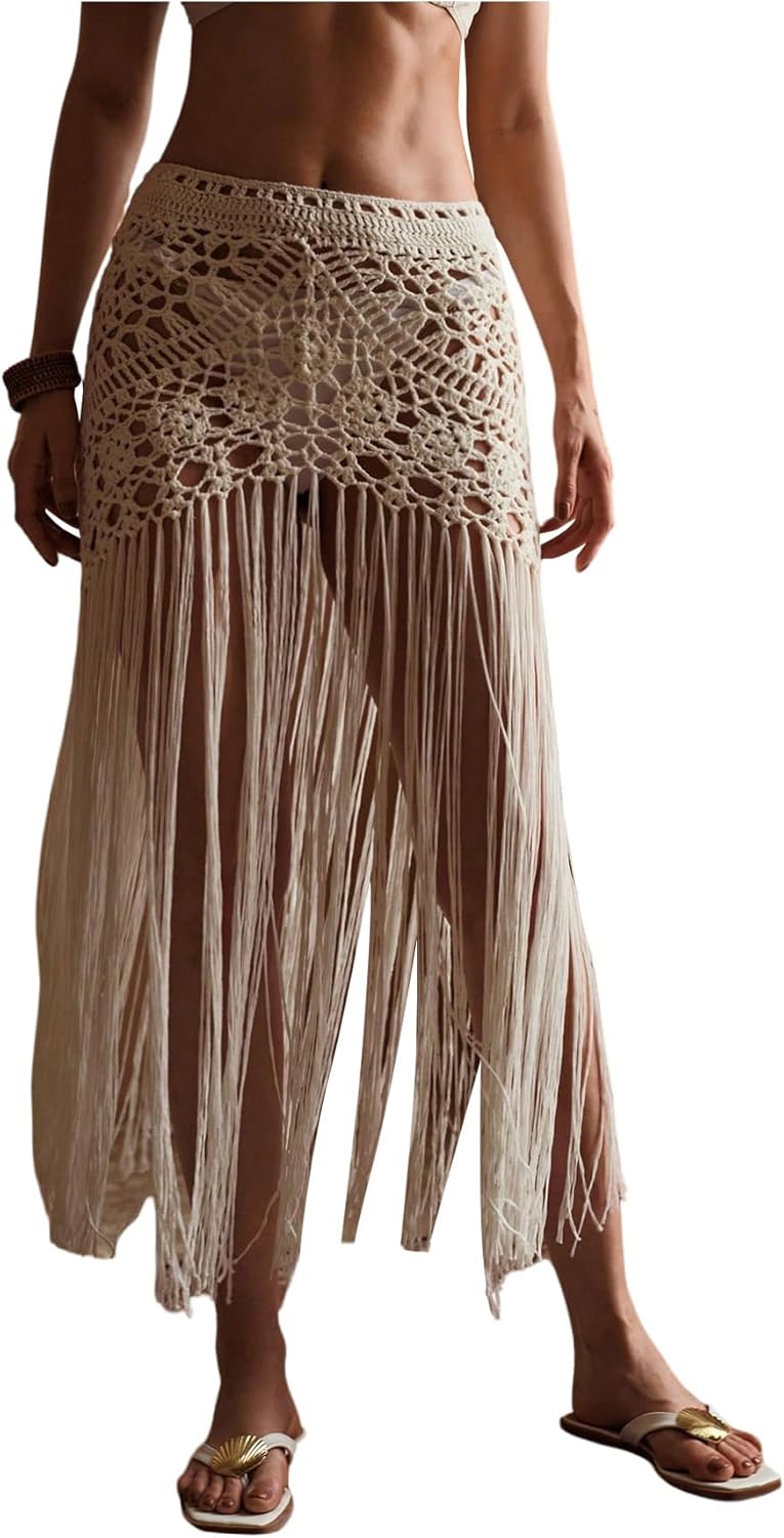 MakeMeChic Women's Crochet Fringe Swimsuit Coverup Skirt Elastic Waist Summer Beach Cover Ups