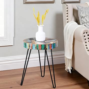 Vintage Round Thick Wood Side Table 15" x 15" x 20" H Accent Reclaimed Wood Multi Color Coffee Tables Solid Rustic Plant Stand Outdoor End Tables Living Room Patio Bedroom