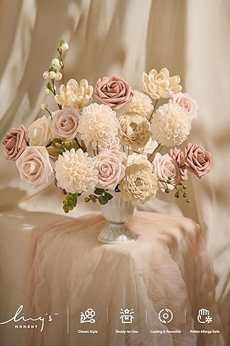 Miniatura 7 de Ling's Moment Juego de cajas combinadas de flores artificiales y vegetación color rosa terracota y crema, flores falsas lilas y malvas para ramo de