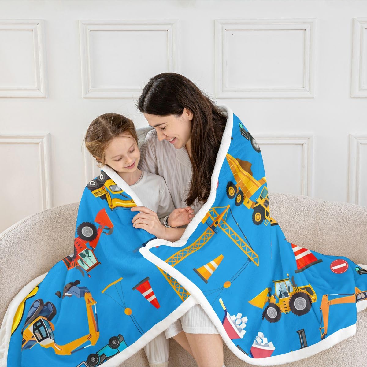 Loussiesd Pojazdy budowlane koc polarowy koparka litera F Sherpa koc dla dzieci kobiet mężczyzn pluszowy puszysty kreskówka samochód traktor królowa 228 x 229 cm na łóżko kanapę krzesło salon