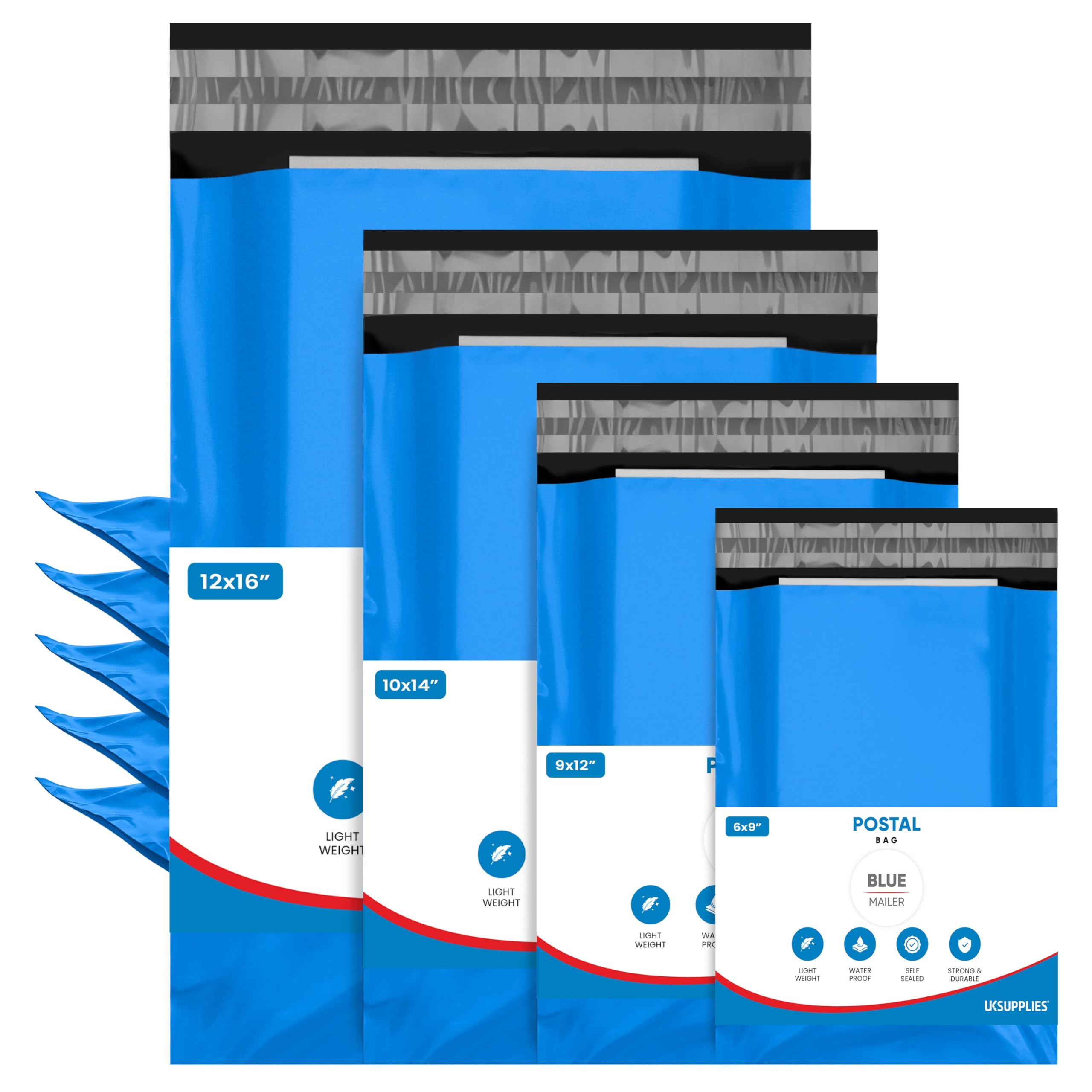 UK SUPPLIES LIMITED 100 Assorted Mix Blue Mailing Bags in 6x9 9x12 10x14 & 12x16 (Pick Any Pack Size) Poly Postage Bags Waterproof & Strong Self-Seal Postage Mailers Ideal for Posting & Packaging