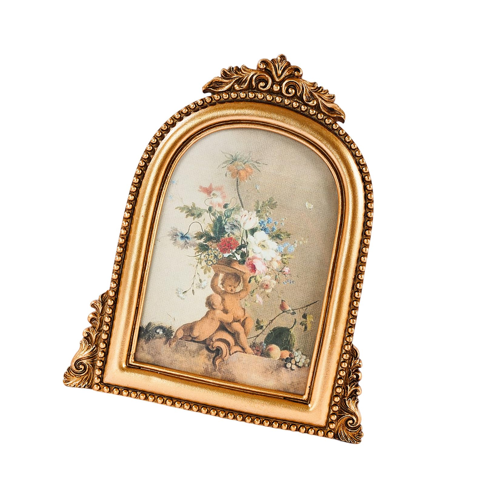 Antique Resin Art Arched Top Golden Photo Frame with Intricate Carving Pattern Wall Mounting or Tabletop for Home Aesthetic Resin Photo Frame with Easels for Tabletop & Wall