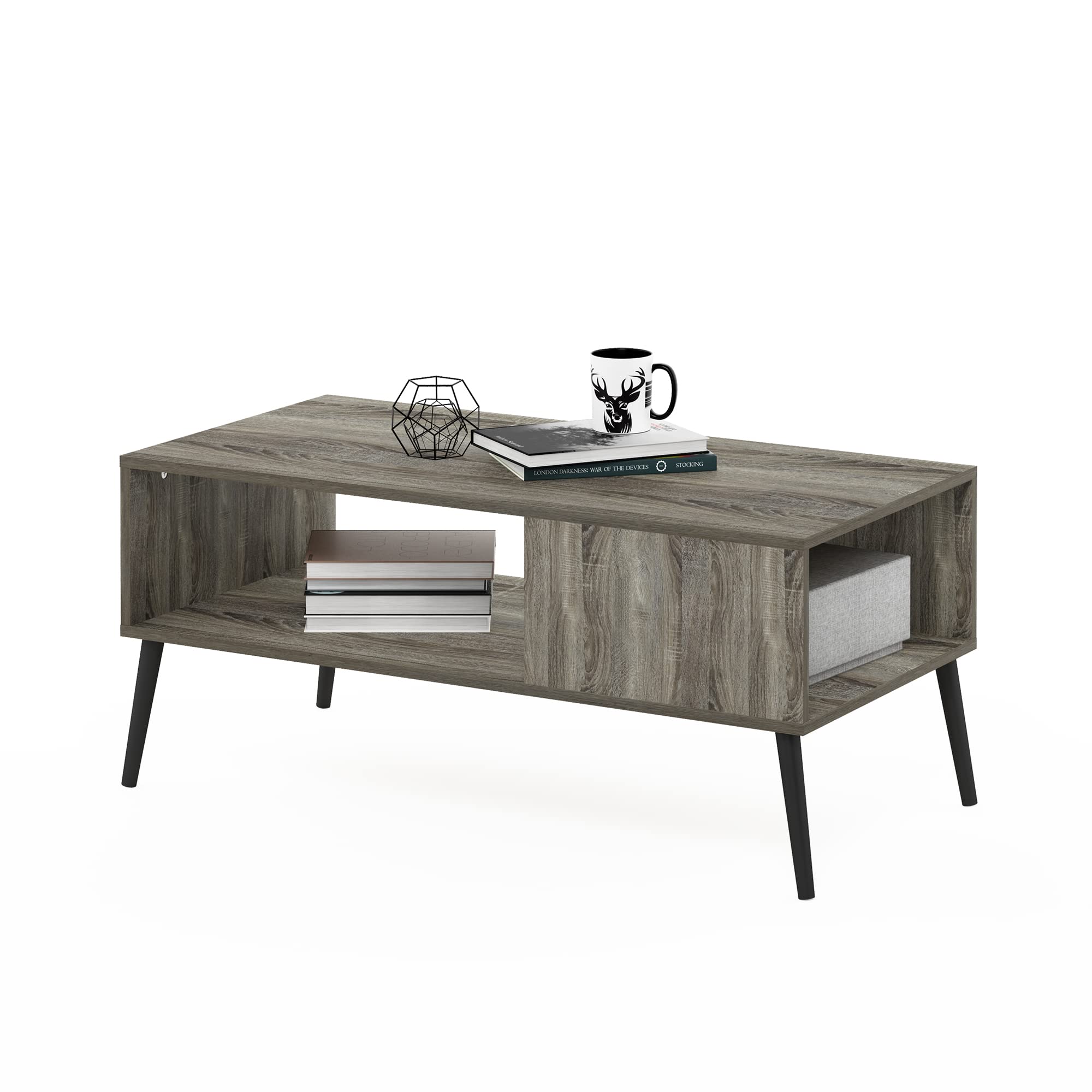 Furinno Claude Mid Century Style Coffee Table with Wood Legs, French Oak Grey Large Non-Lift Top