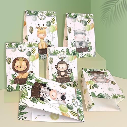 Lopeastar 24 bolsas de regalo de safari de la selva con calcomanías, regalos de fiesta de cumpleaños, bolsas de regalo de galletas de caramelo de