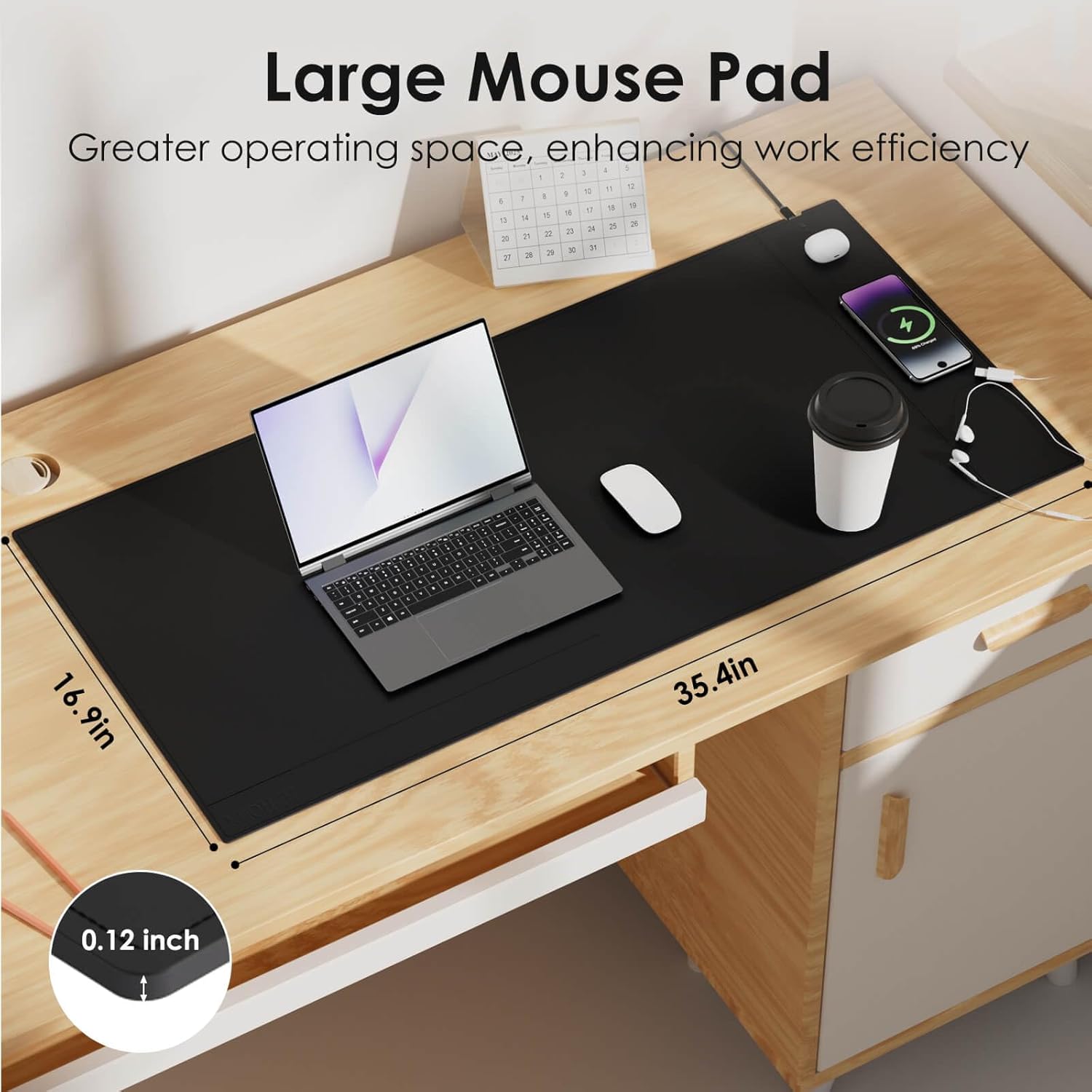 Office Wireless Charging Mouse Pad, Leather Desk Mat with Wireless Charger Pad, 15 Watt Anti-Slip Gaming Wireless Charging Desk Mat with Wireless Charging Desk Pad for Desktop 36" Lx17 W, Black