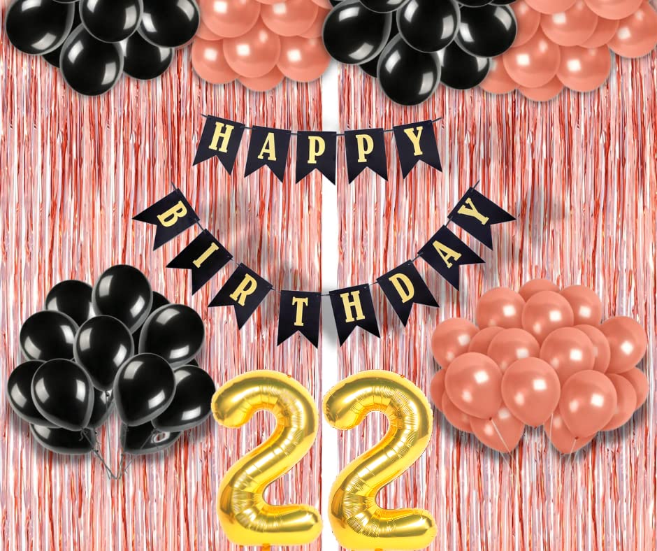 Image of 22nd Birthday Decoration items for Girls with Black and Rose Gold Balloons, Black Happy Birthday Banner, Rose Gold Foil Curtain, Foil Balloon number 22