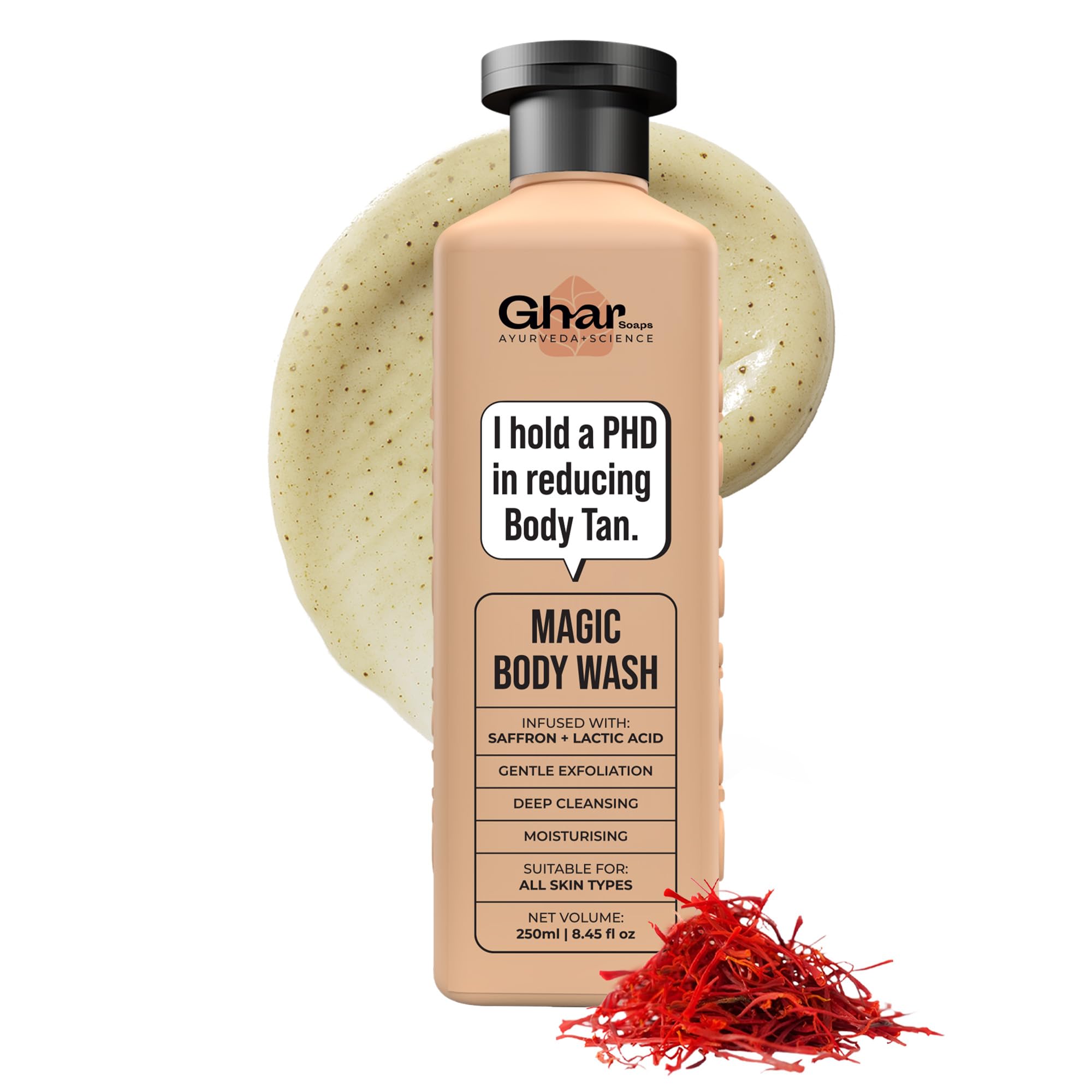 Magic De-Tan & Exfoliating Body Wash with Saffron & Lactic Acid- 250ml | Lactic Acid & Saffron | Gentle Exfoliating Shower Gel | Removes Tan & Skin Lightening | Prevents Dry, Rough, Bumpy Skin | Men & Women