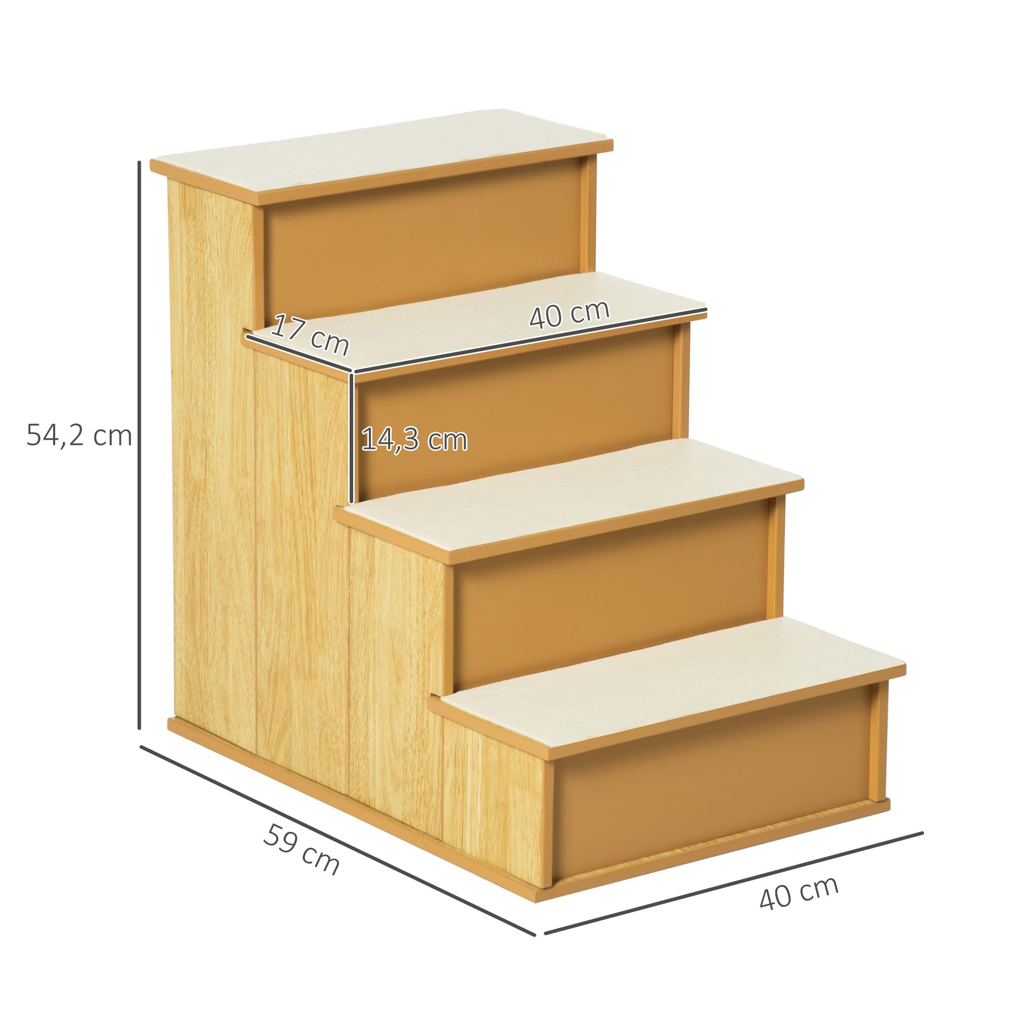 PawHut Escalera para Perros de 4 Peldaños Escalera para Mascotas Escalones para Perros Gatos con Acolchados Desmontables Carga 30 kg para Cama Sofá 40x59x54,2 cm Natural y Crema