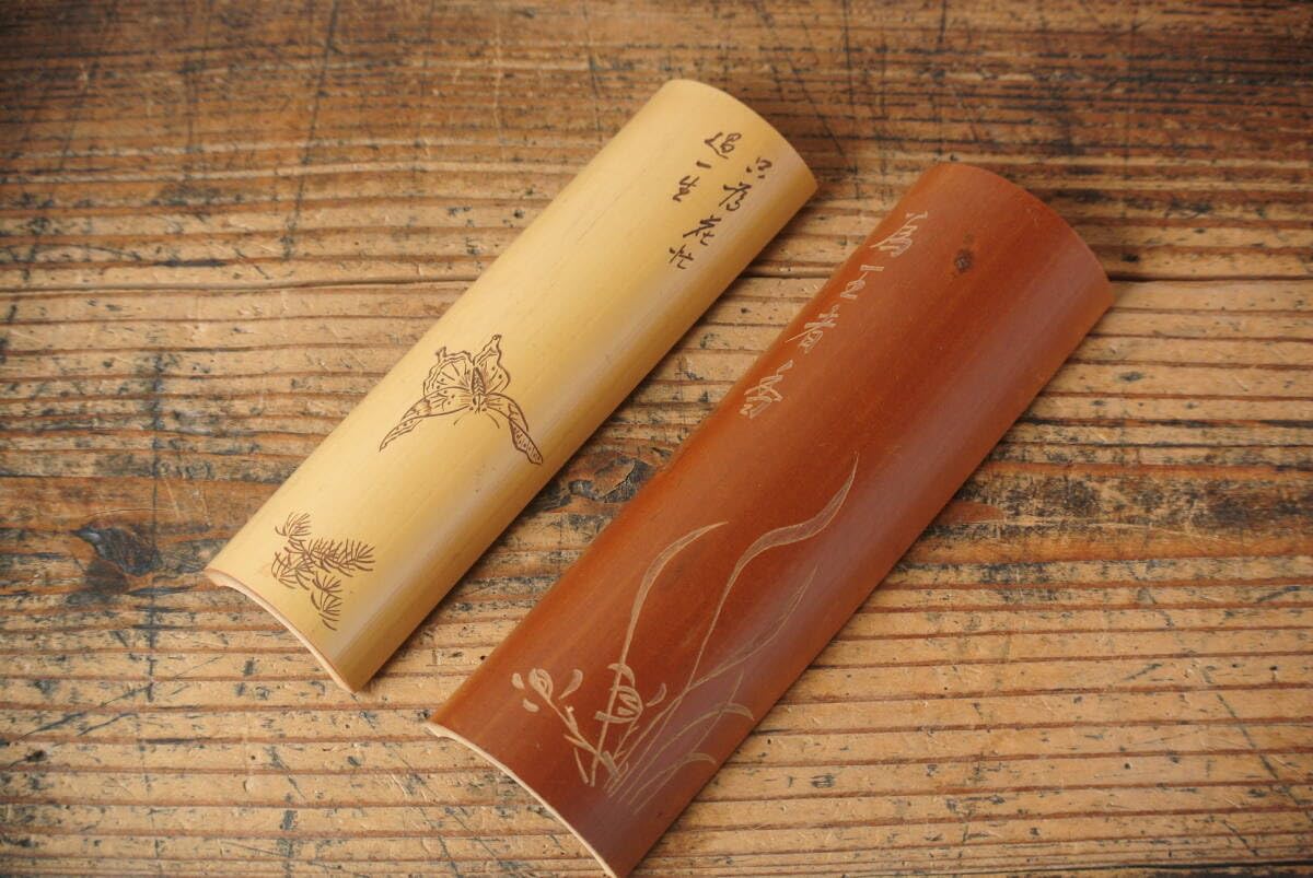 Amazon.co.jp: 時代煎茶道具竹茶合2点検】在銘蝶草花茶量茶匙茶則仙媒