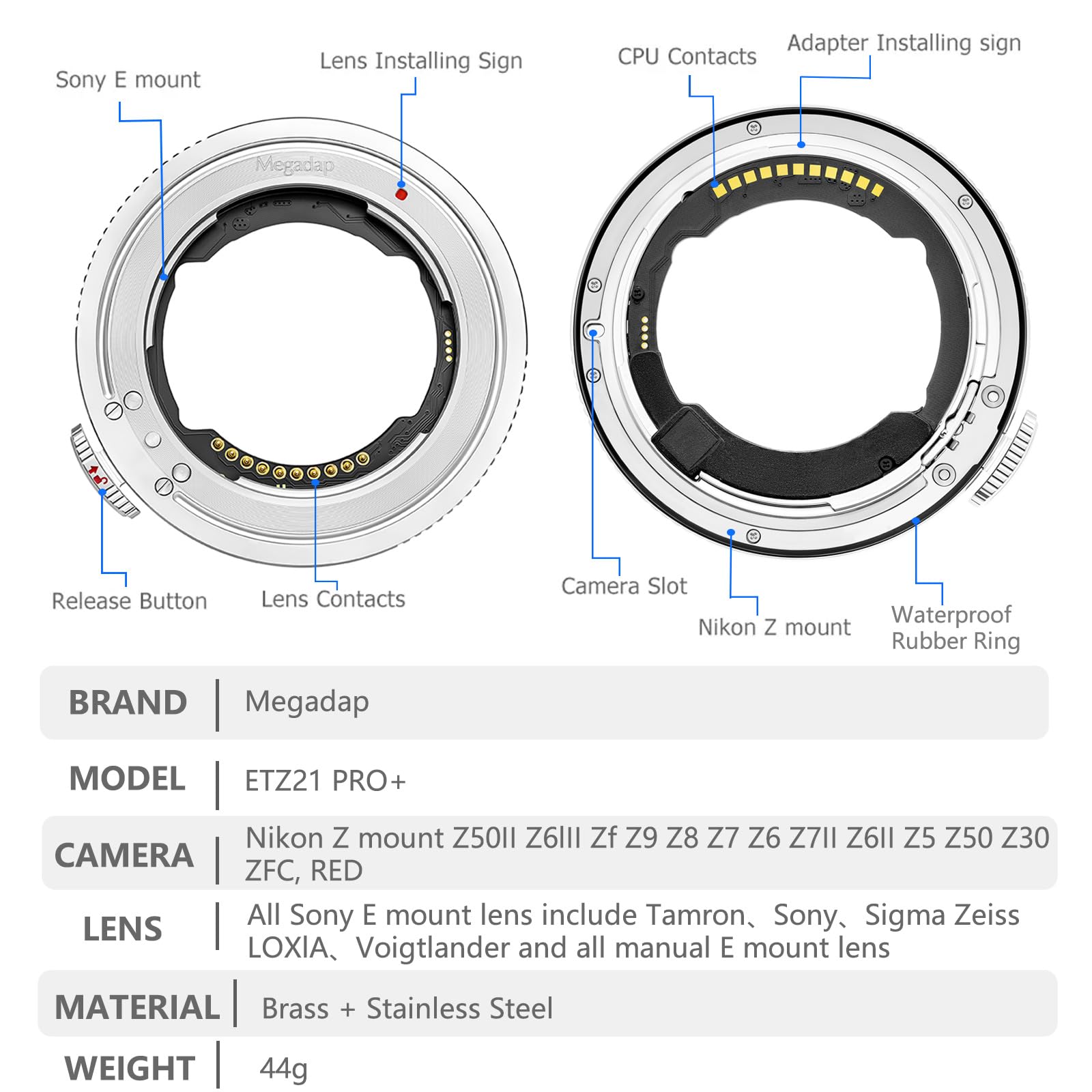 Megadap ETZ21 PRO+ - Adattatore per obiettivo con messa a fuoco automatica, apertura elettronica integrata, compatibile con fotocamera Nikon Z Zf Z9 Z8 Z7 Z6 Z7II Z6II Z5 Z50 ZFC per obiettivi Sony FE