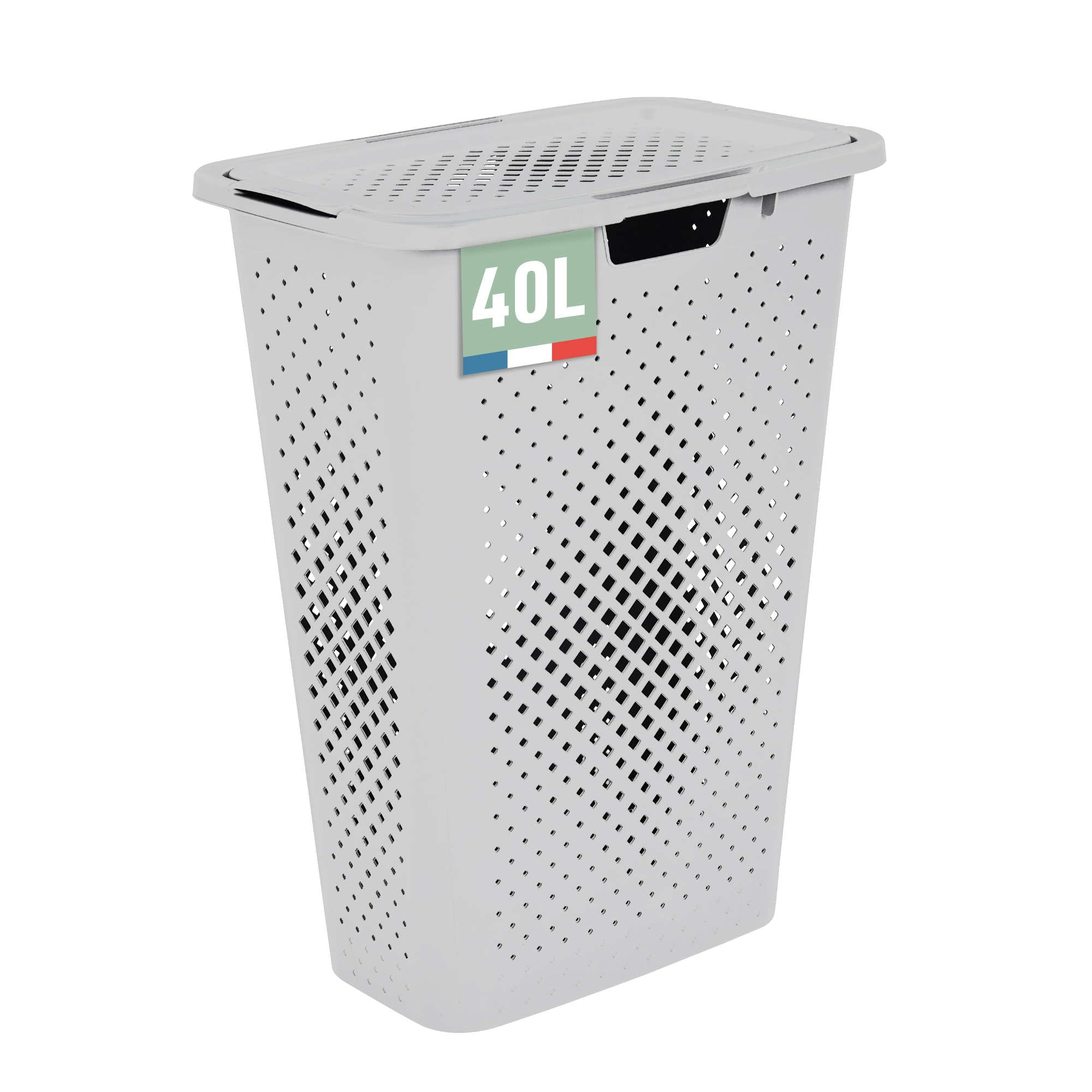SUNDIS Pixel, Wäschekorb mit deckel 40l, aus Kunststoff, wollweiß | Ideal für kleine Räume, 2 seitliche Griffe und 1 Griff an der Unterseite, Belüftung an allen 4 Seiten
