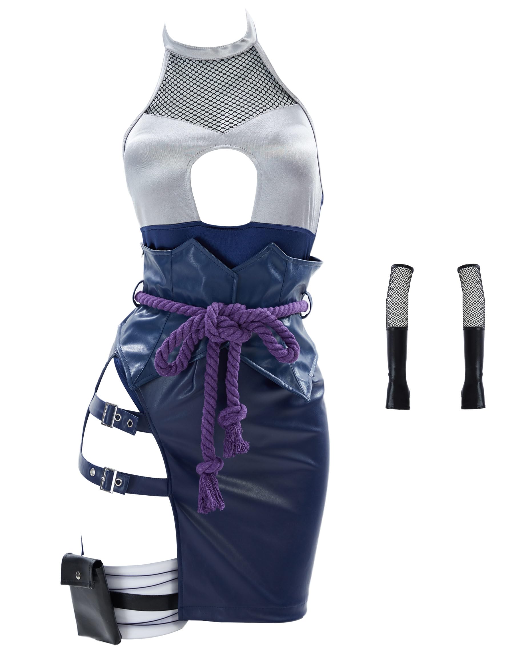 Mobbunny Ninja Cosplay Costume Cutout Bodysuit and Skirt with Sleeves and Waist Rope Halloween Costume: Small Dark Blue