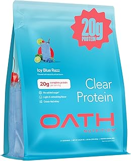 Oath Nutrition Clear Whey Isolate Protein Powder, ICY Blue Razz, 20g Complete Protein per Serving, No Added Sugar, Grass-Fed, 21 Servings