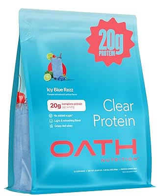 Oath Nutrition Clear Whey Isolate Protein Powder, ICY Blue Razz, 20g Complete Protein per Serving, No Added Sugar, Grass-Fed, 21 Servings