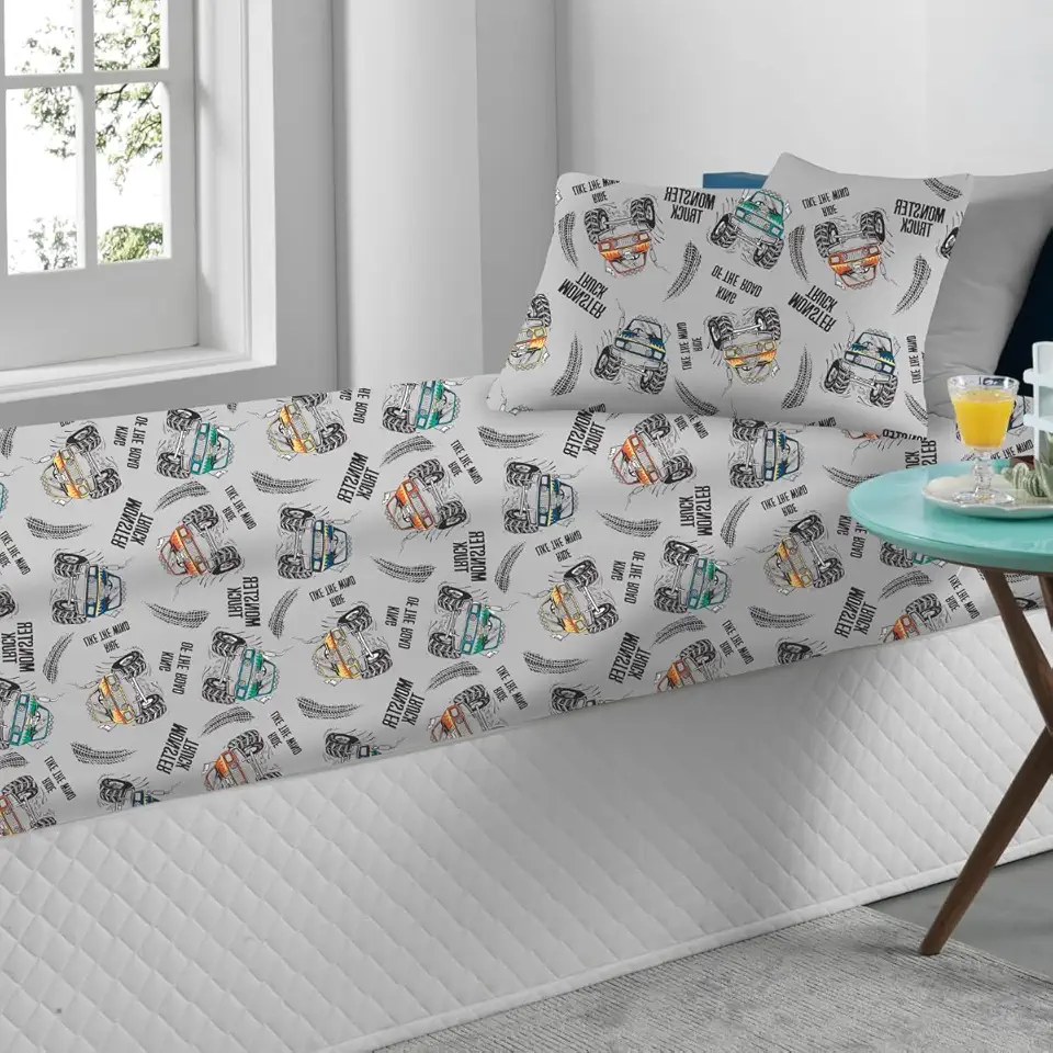 Jogo de Lençol Portallar Kids 70% Algodão Solteiro Truk Road Gray