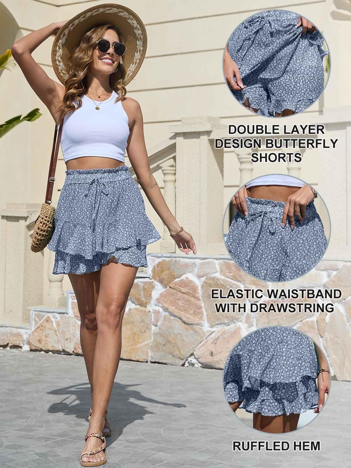 Yutdeng Pantalones Cortos Mujer Fluidos Gasa Falda Pantalon Mujer Estampado Floral Shorts Mujer Verano Elástica Cintura Alta Pantalon Corto Mujer Ligero Elegantes Casual Bermudas Playa Boho Volante