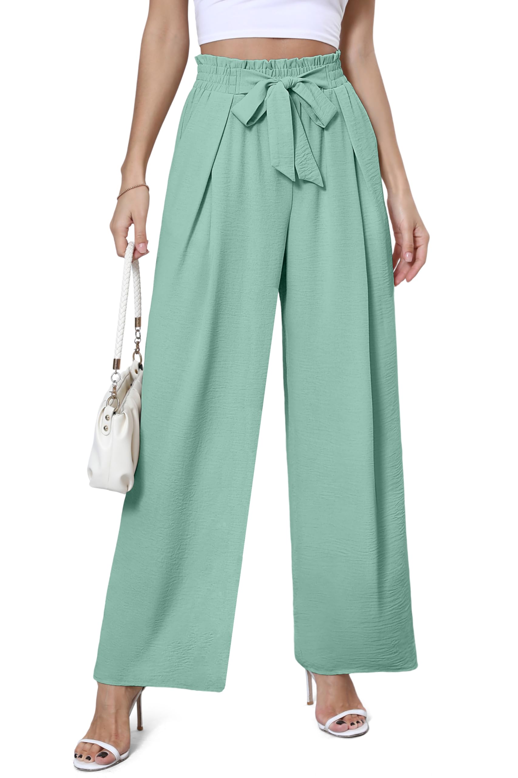 YuYukan Women's Wide Leg Flowy Pants High Waisted Loose Palazzo Pants Dressy Casual Business Work Trousers with Pockets