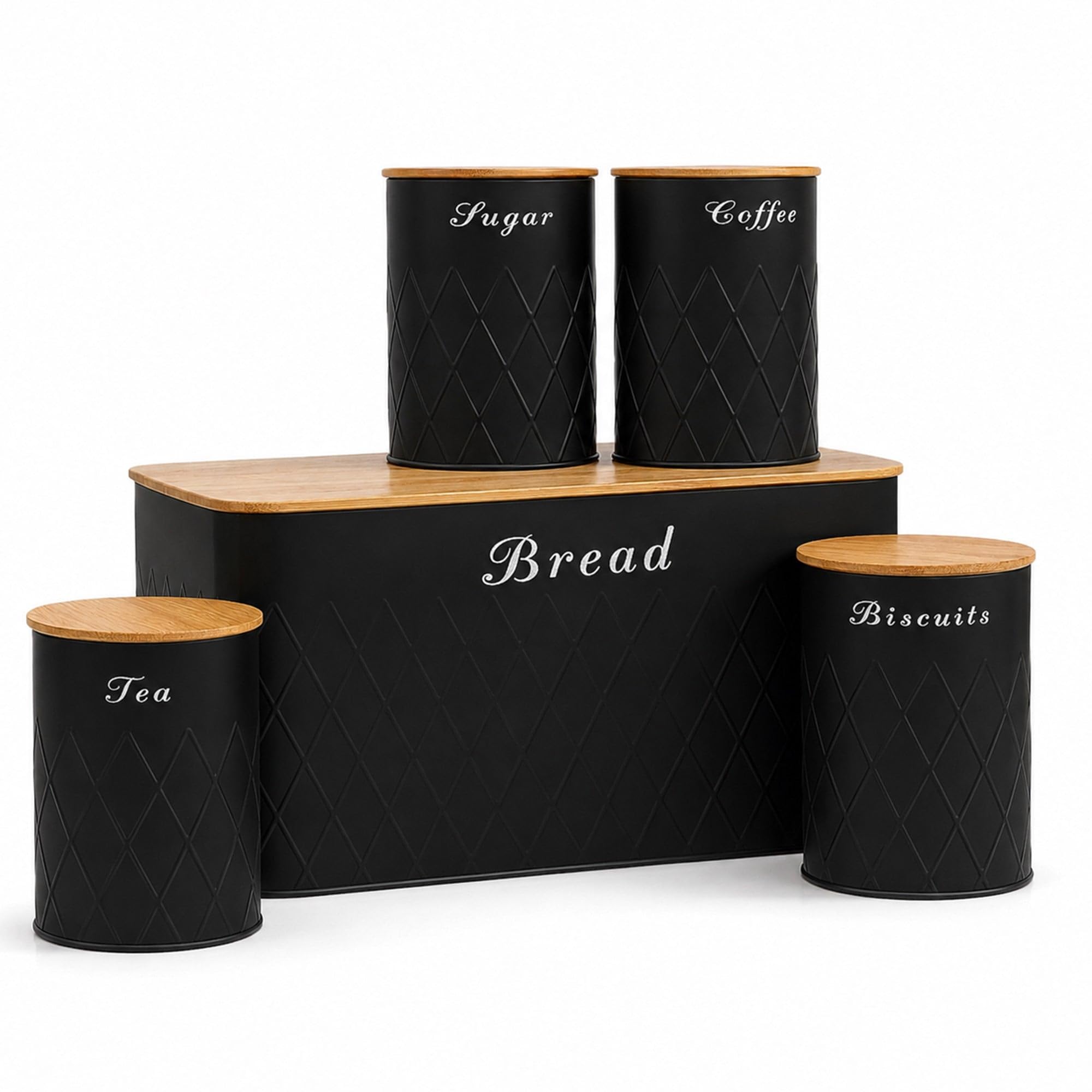 Oypla 5pc Black Bamboo Lid Kitchen Canister Set - Bread Bin, Biscuit Tin, Tea, Sugar, Coffee Storage - Durable Steel