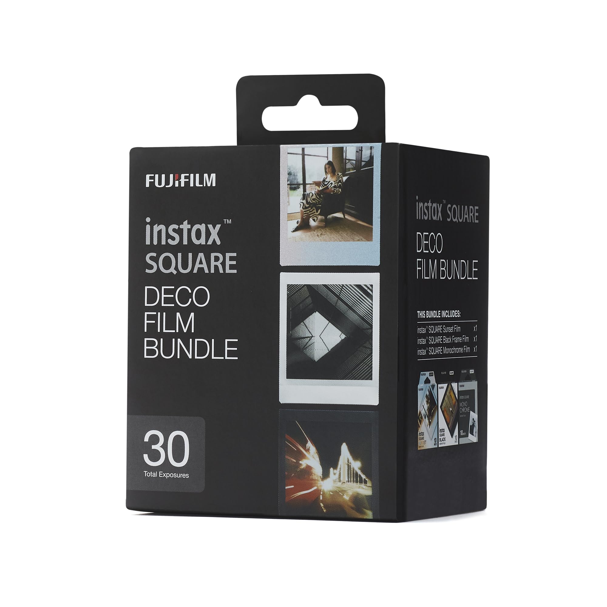 instax SQUARE DECO film bundle pellicole, 30 scatti, 3 pacchi da 10 scatti, motivo bordo Black, Sunset e pelicole Monchrome