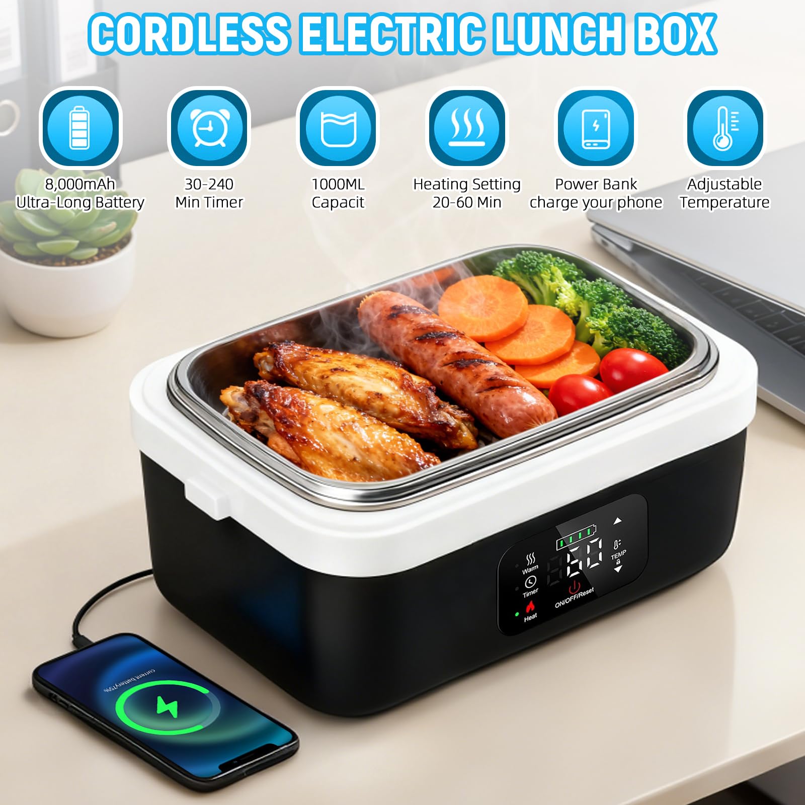 LIROPAU Elektrische Lunchbox, Tragbare Elektrische Lunchbox | mit Timer und einstellbarer Heizfunktion, 1L Electric Lunch Box für Arbeit Familie Camping Büro Auto Reisen Auf baustellen