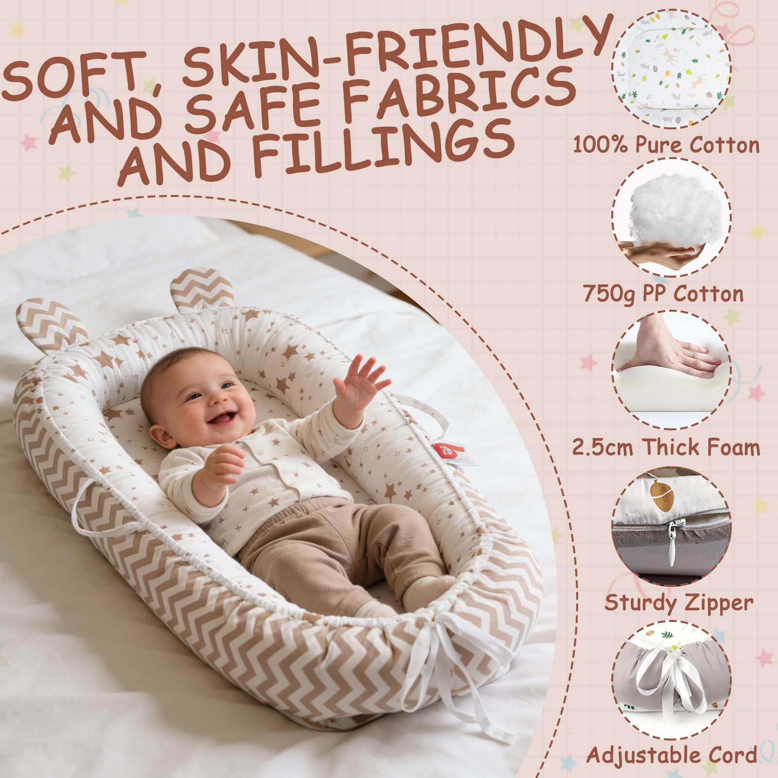 Huracan Baby Nest, set per neonati, paracolpi con coperta da 85 x 85 cm e 5 panni in mussola, 100% cotone traspirante, double face, rimovibile, sicuro e confortevole per 0-12 mesi, casa e fuori