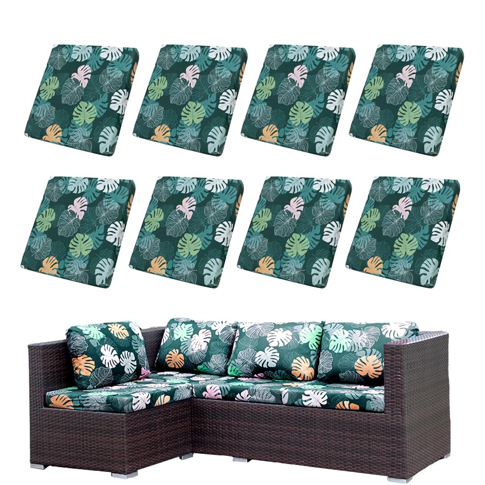 Hiseng 8/12 PCS Outdoor Patio Cushion Covers Replacement for Garden Furniture,Patio Chair Pad, Sofa Seat Cushion, 3D Tropical Leaves Florals Soft Stretch Washable Sofa Slicover (Style 3,8 PCS)