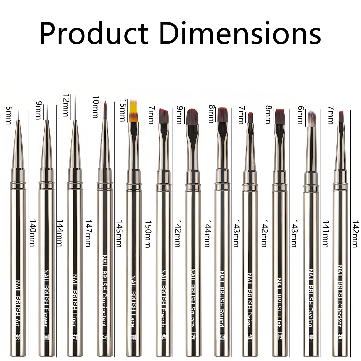 Set di 12 pennelli professionali per nail art, kit di pennelli per unghie in gel con fodera, pennelli piatti e dettagliati per nail art, salone e manicure fai da te