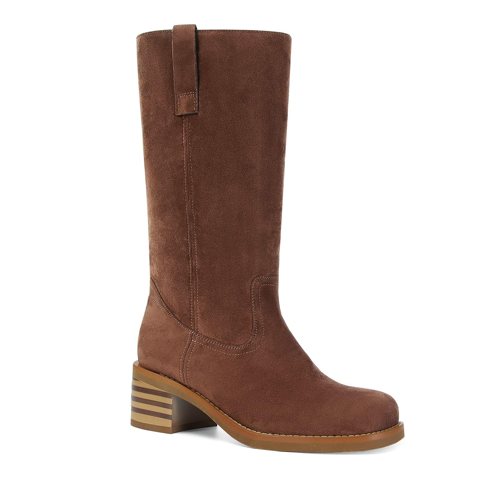 MICIFA Suede Mid Calf Boots for Women Square Toe Chunky Block Heel Slouch Riding Campus Boots Pull On