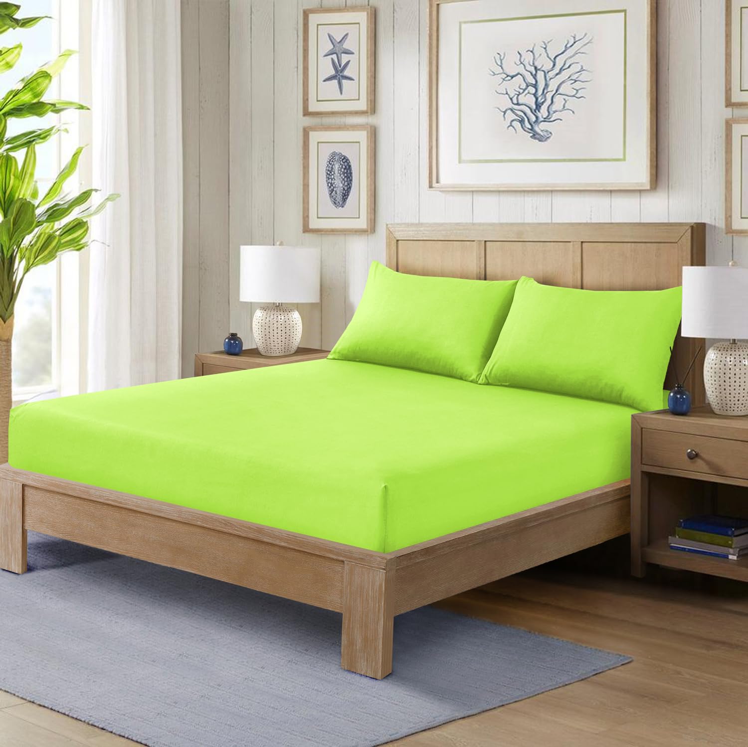 ROOEE Fitted Sheets: Deep Fitted Sheet Cover with Elastic Edges. Anti-Wrinkle Plain Bedding 10”/25 cm Size, Poly Cotton, Single,Double,King, Super King Bed Sheets (Color Lime-Green Size King)