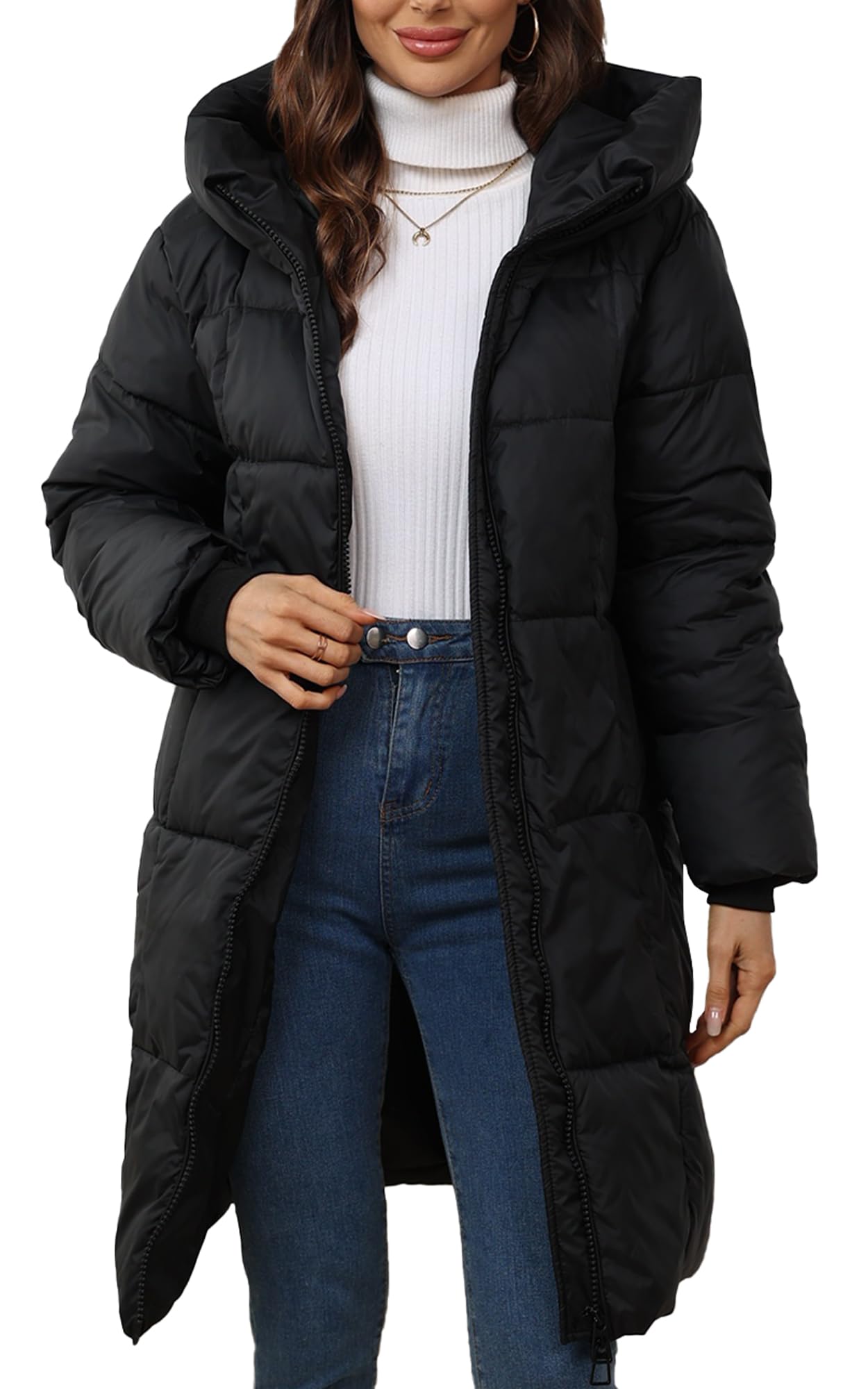 Maeau - Doudoune Longue à Capuche Femmes Hiver Fermeture Éclair Manteau Chaud en Duvet Matelassé Veste Rembourrée Parka Long Casual S-3XL