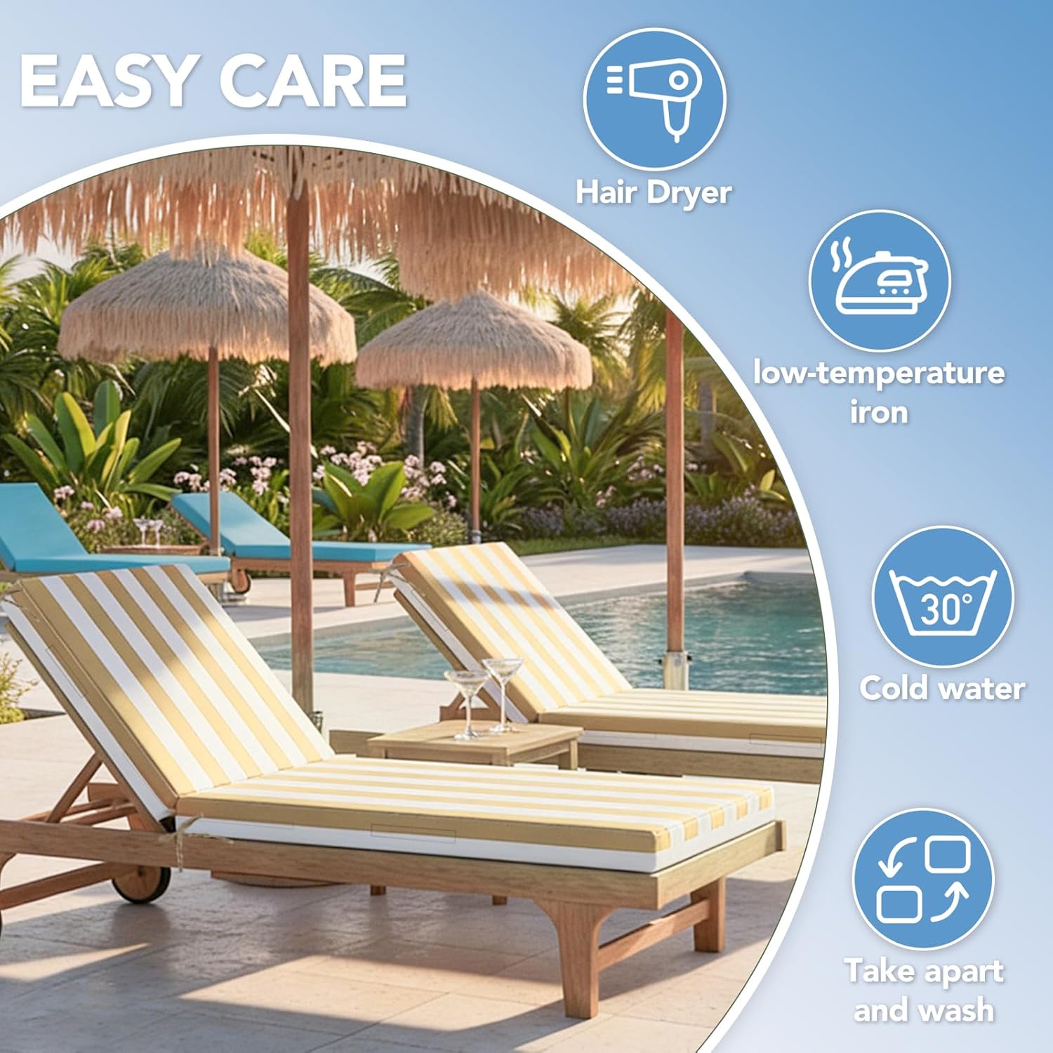 L'AGRATY Outdoor Lounge Chaise Cushion: 72x21x3 Inch Waterproof Lounge Chair Cushion for Outdoor Furniture with Fade Resistant Removable Cover - Patio Cushions for Pool Lawn Deck(Khaki White 2Pcs)